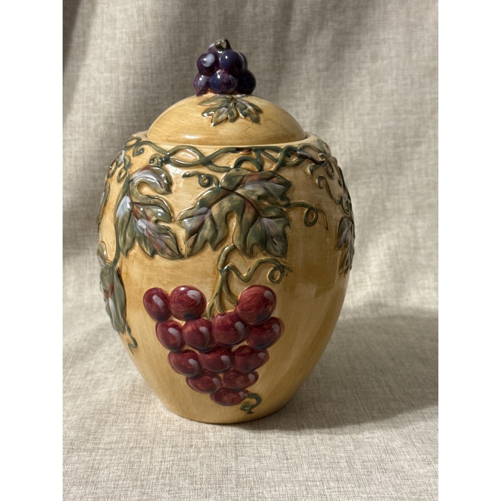 Noble Excellence Ceramic Canister Embossed Vintage Grapes & Leaves Design 10 in